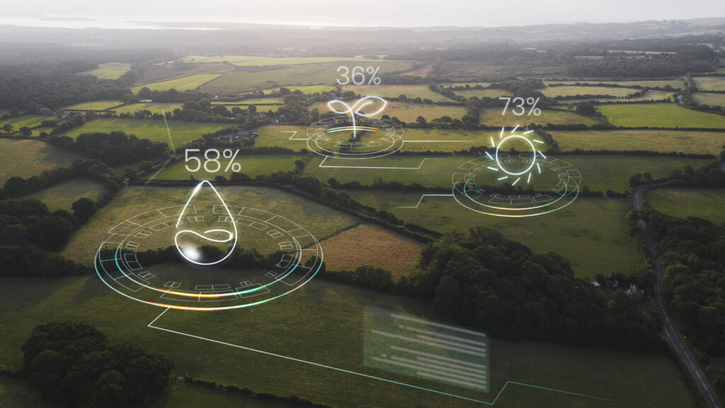 Imagem aérea de uma fazenda com IA e indicadores ESG em destaque. Fonte: rawpixel.com, em Freepik.com.