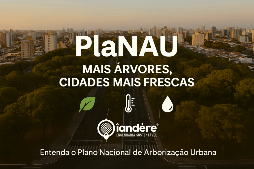 Vista aérea de uma cidade com avenida arborizada ao pôr do sol, usada para ilustrar o PlaNAU e seus benefícios para cidades mais frescas e sustentáveis.