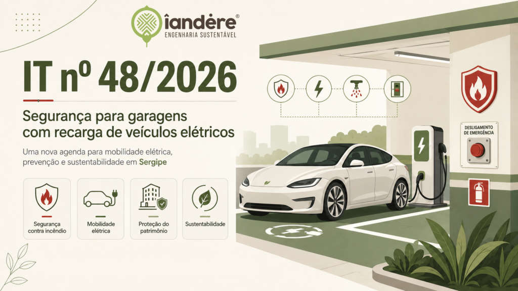 Infográfico sobre a IT nº 48/2026, com veículo elétrico em ponto de recarga, sinalização de emergência e elementos de segurança contra incêndio.