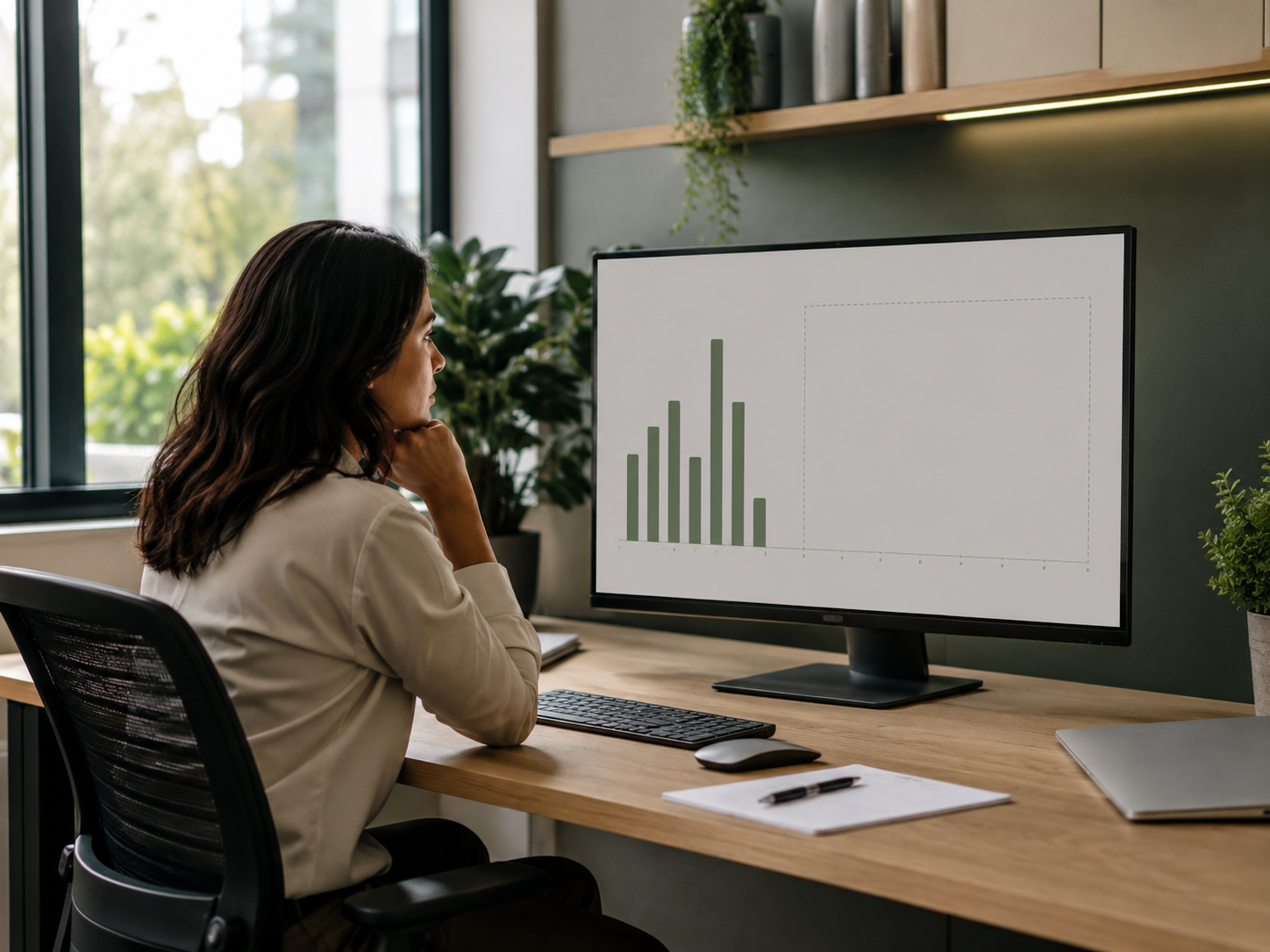 Profissional observando monitor com gráfico incompleto e área vazia, representando ausência de ano-base e falta de referência para comparação.