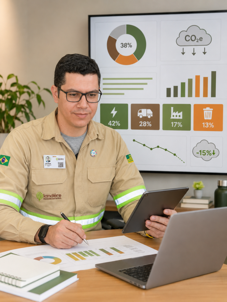 Profissional da Îandére analisando dados de emissões em tablet e documentos, com painel de indicadores ao fundo, representando o inventário de GEE em empresas.