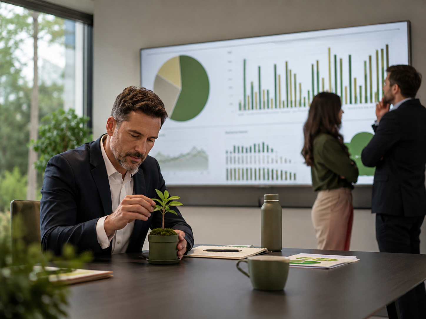 Executivo focado em pequena planta sobre a mesa enquanto indicadores relevantes aparecem ao fundo, simbolizando investimentos ambientais mal direcionados.