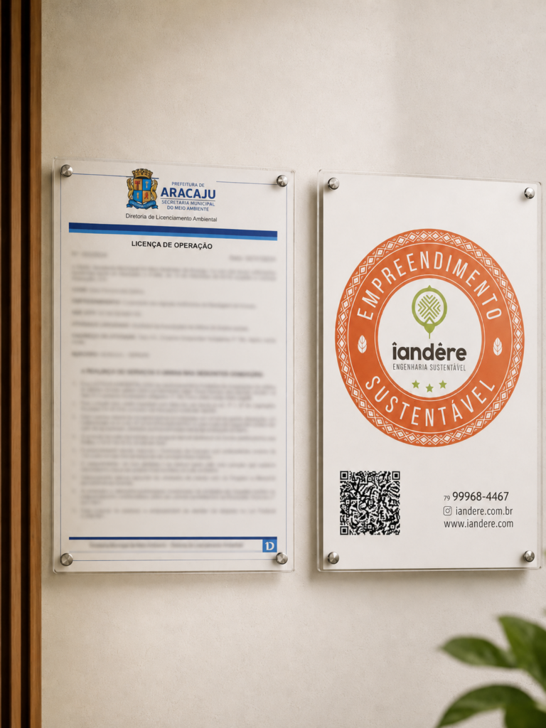 Licença ambiental de operação e selo de empreendimento sustentável da Îandére fixados em parede interna, simbolizando conformidade ambiental e valorização do negócio.