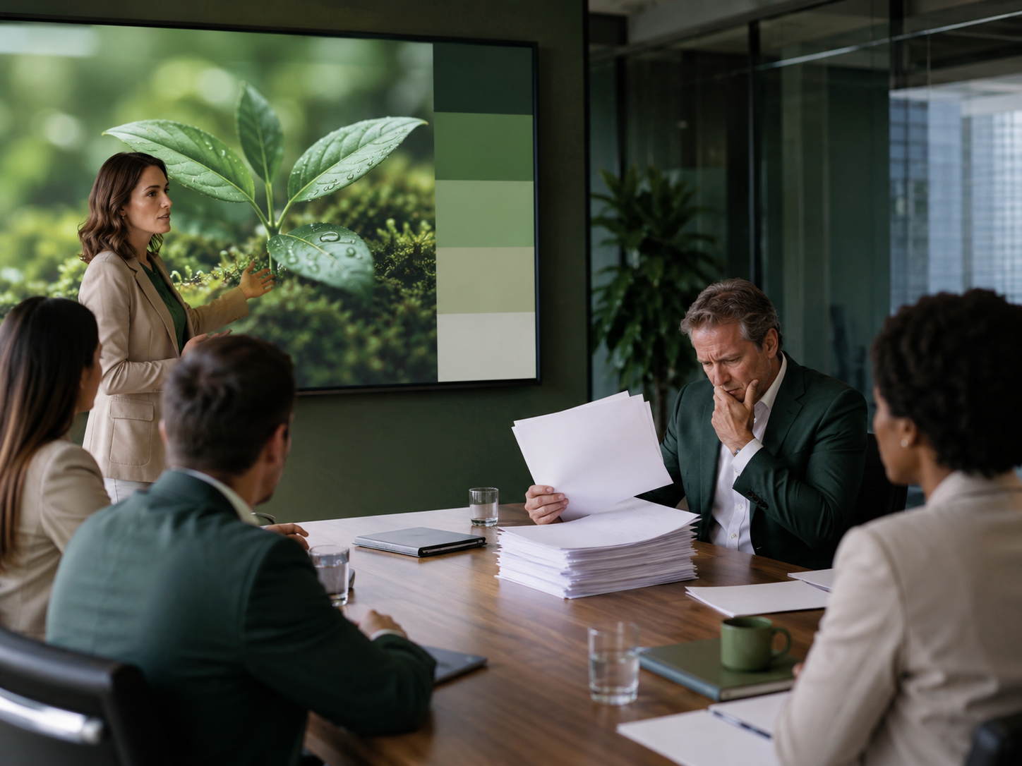 Reunião corporativa com apresentação ambiental e executivo analisando documentos, representando risco de greenwashing por falta de dados verificáveis.